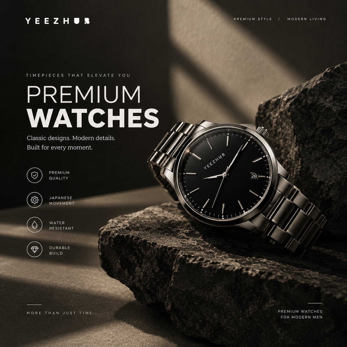 YEEZHUB Classic Black Dial Stainless Steel Watch
